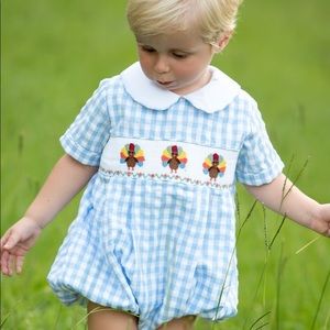 NWT Smockingbird Thanksgiving Turkey smocked baby boy bubble size 3M